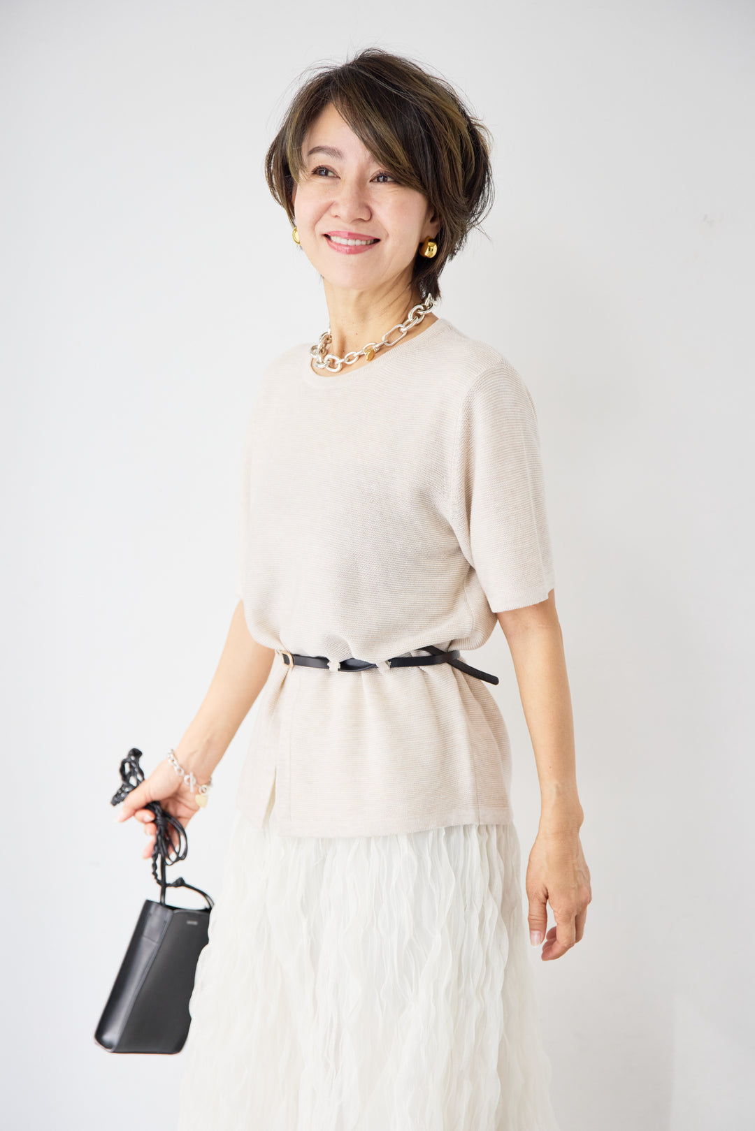 【2SET】ウエストベルトニット+ウエーブプリーツチュールスカート