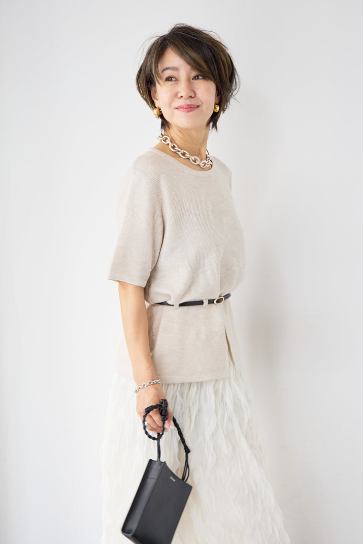 【2SET】ウエストベルトニット+ウエーブプリーツチュールスカート