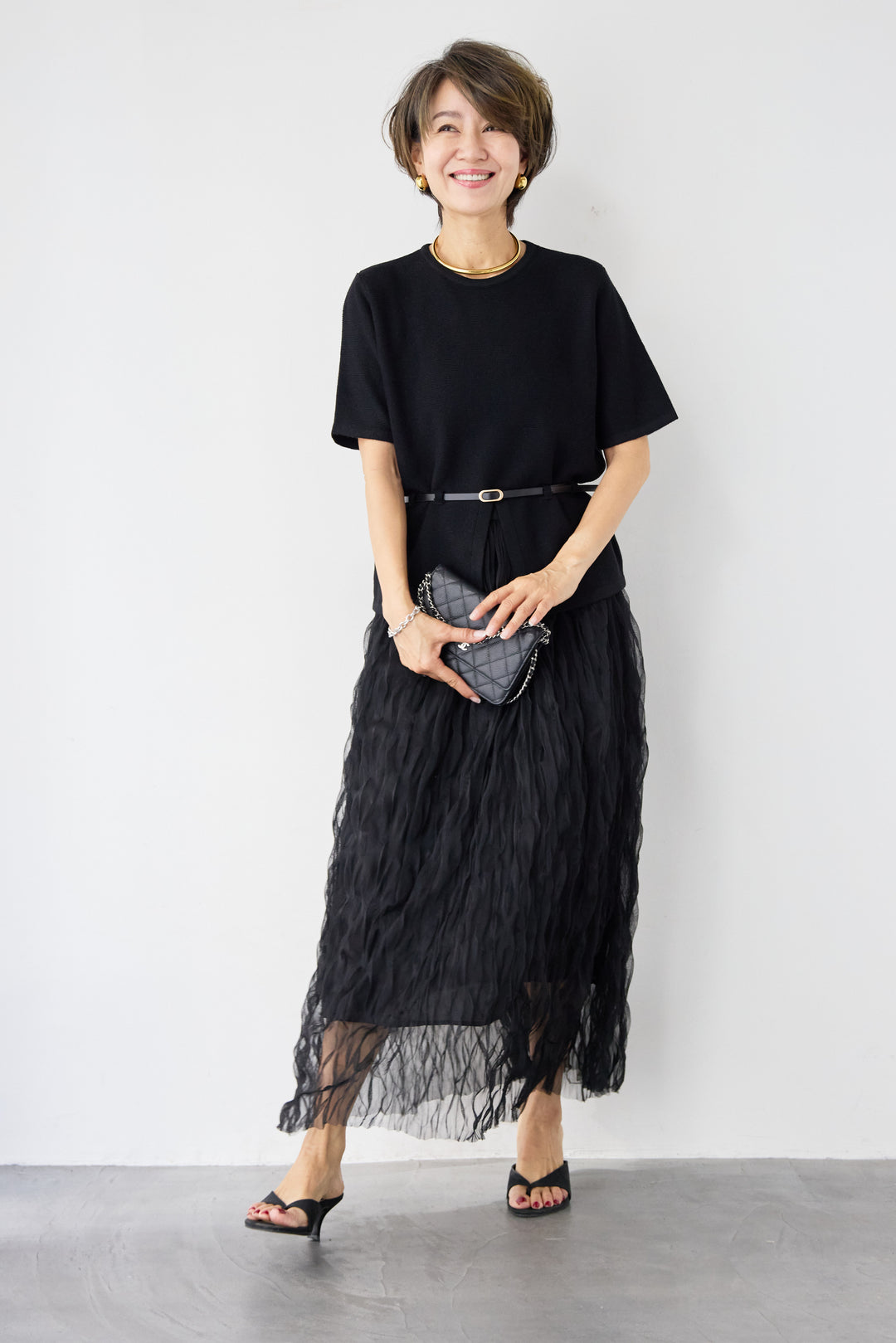 【2SET】ウエストベルトニット+ウエーブプリーツチュールスカート