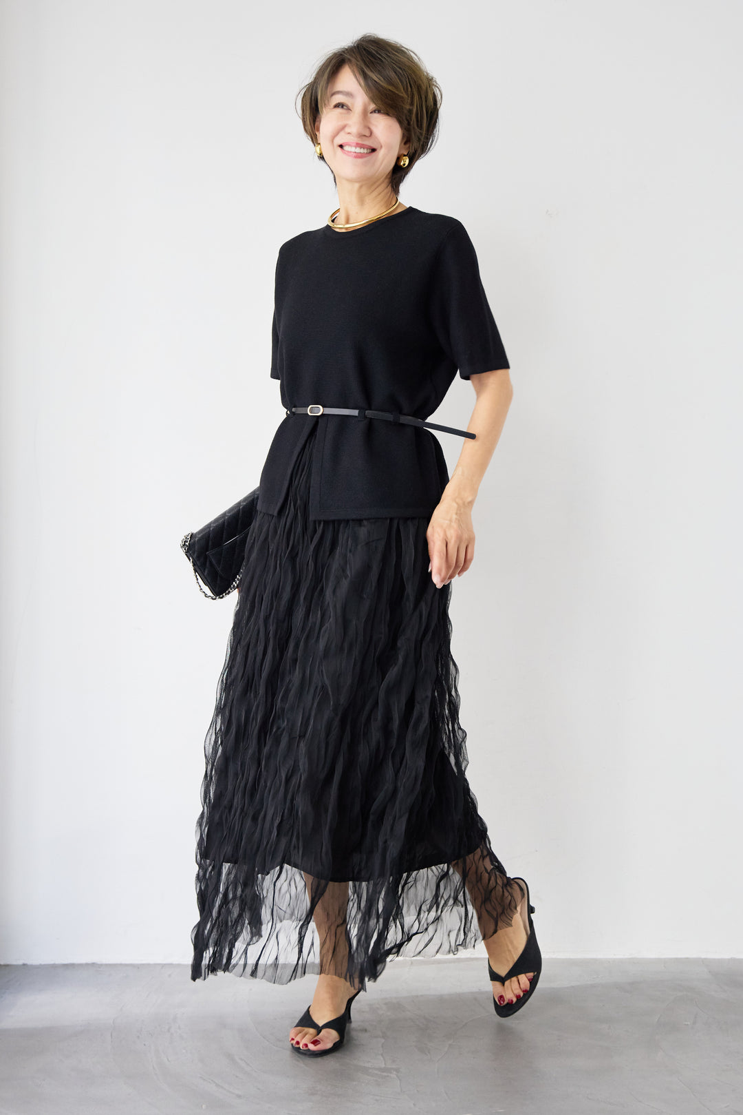 【2SET】ウエストベルトニット+ウエーブプリーツチュールスカート