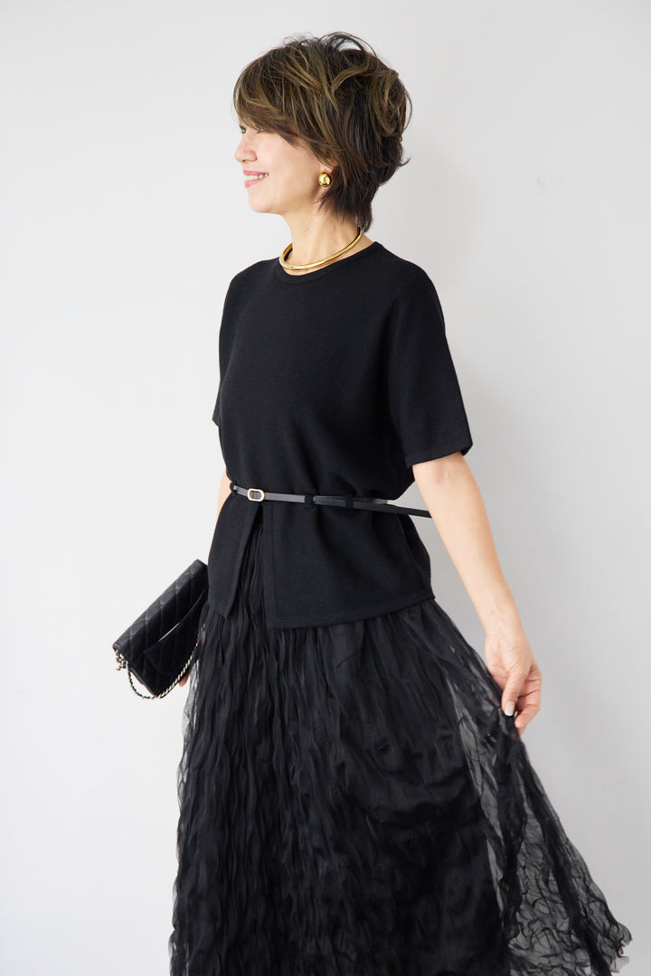 【2SET】ウエストベルトニット+ウエーブプリーツチュールスカート