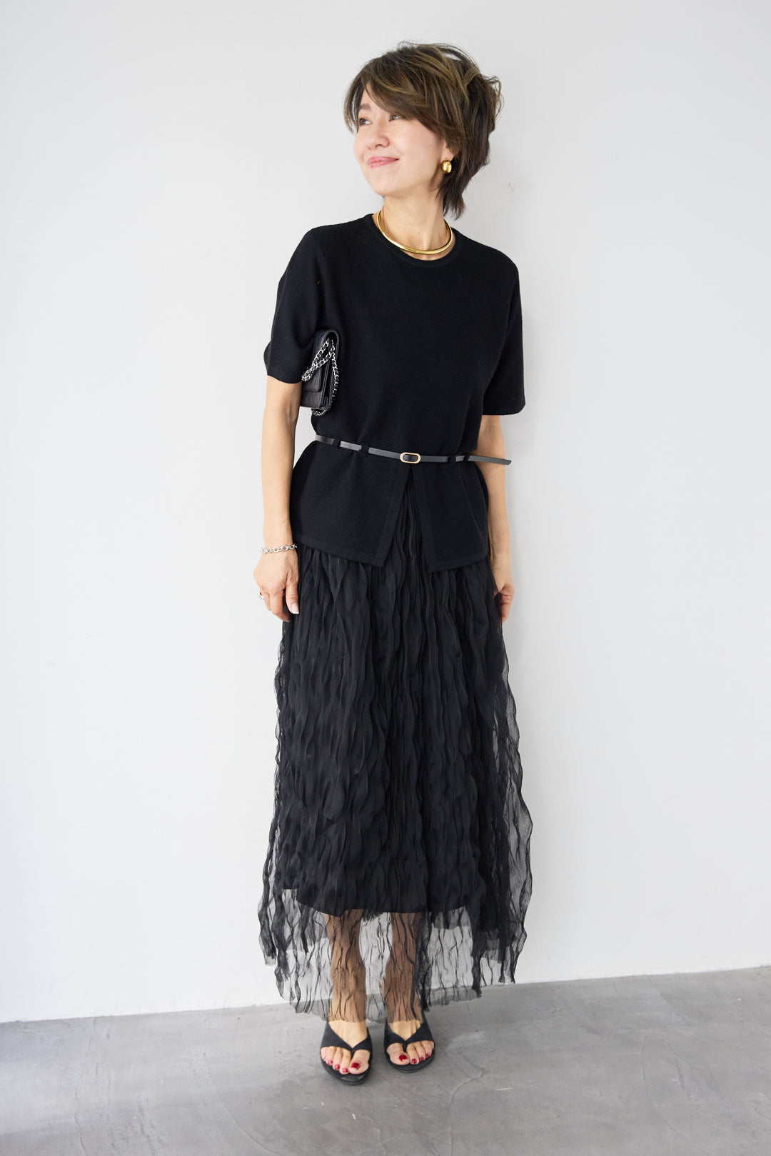 【2SET】ウエストベルトニット+ウエーブプリーツチュールスカート