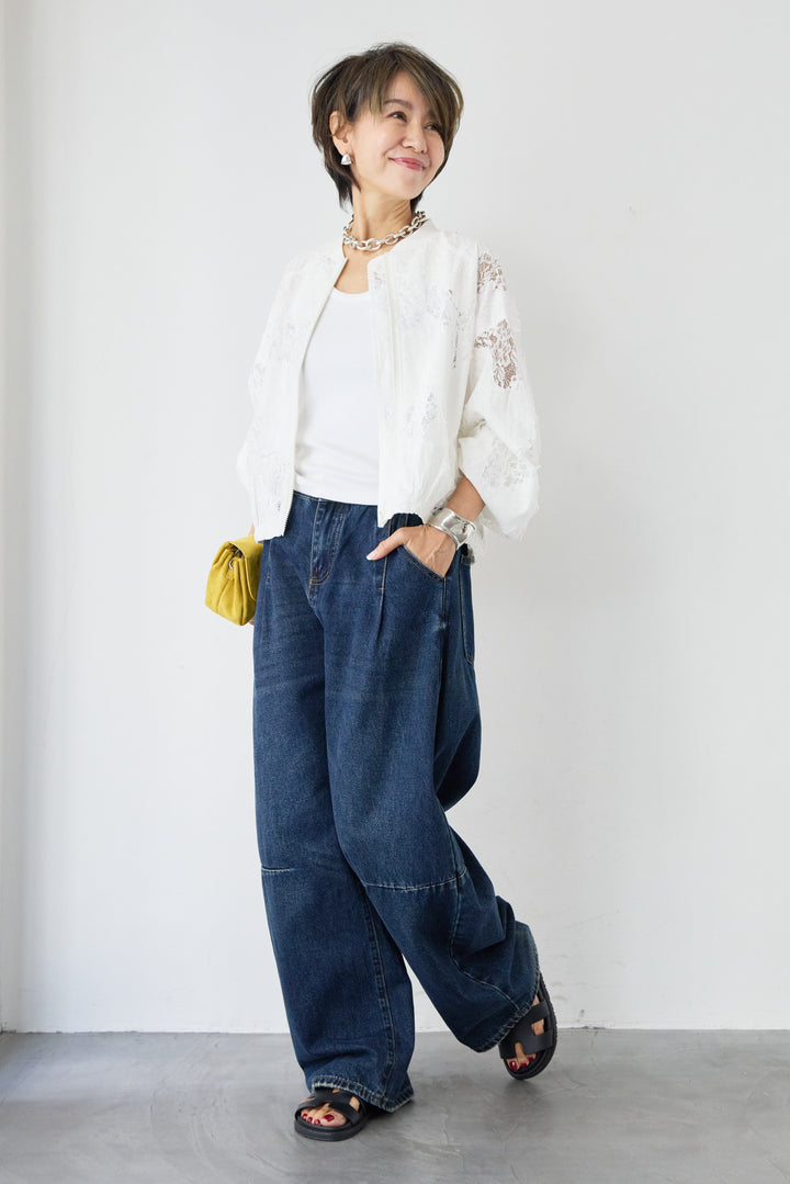 [SET]総レースブルゾン+カーブデニムパンツ(2set)