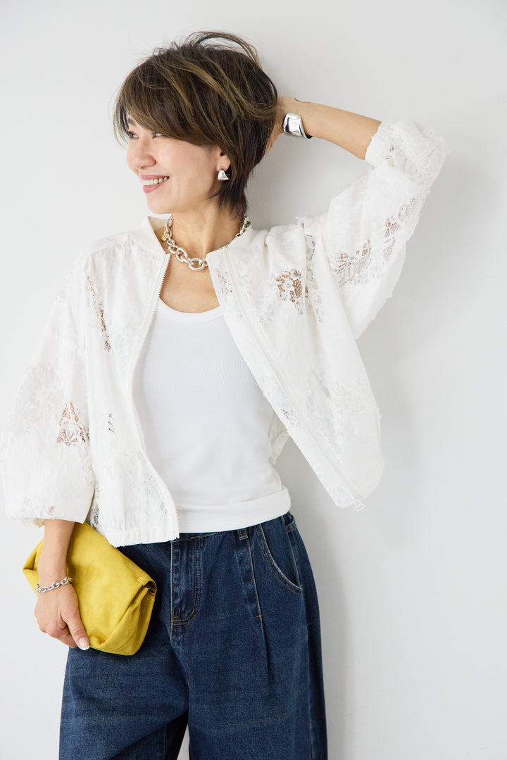 [SET]総レースブルゾン+カーブデニムパンツ(2set)