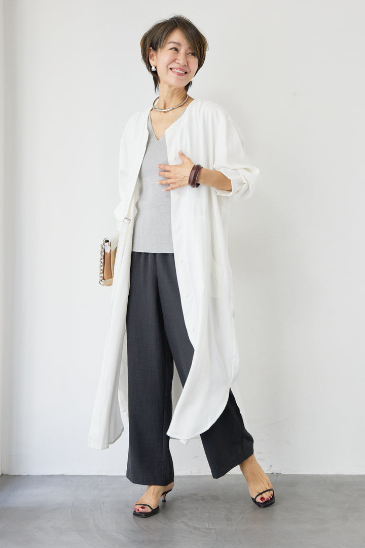 ノーカラーベルトデザインシャツワンピース