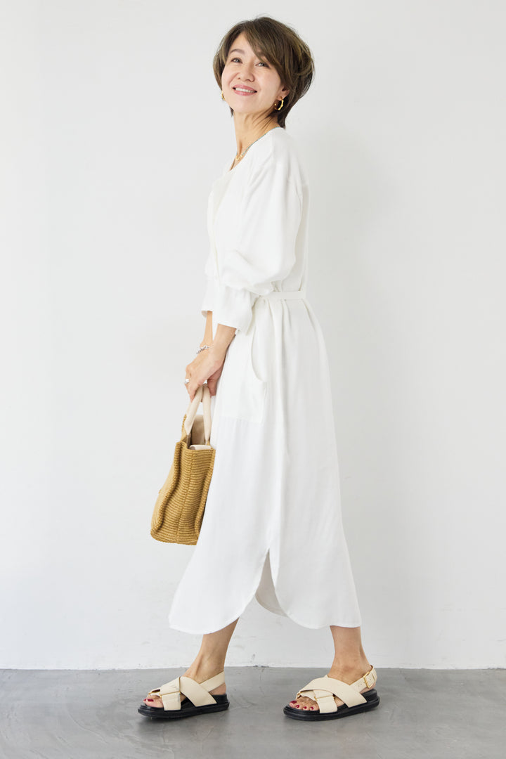 ノーカラーベルトデザインシャツワンピース