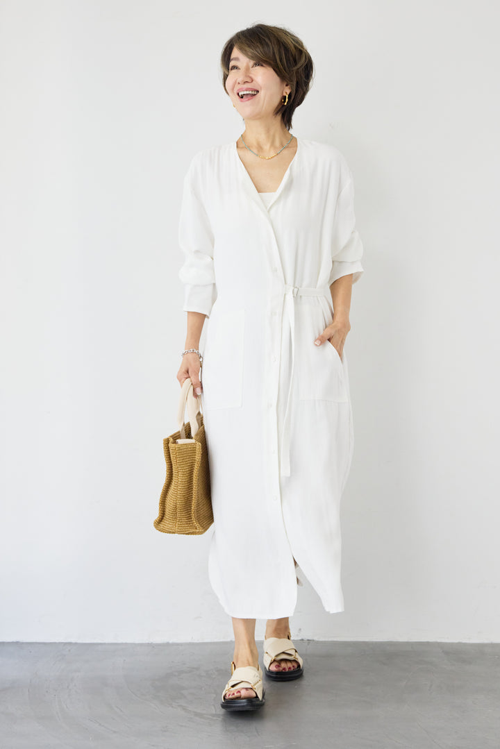 ノーカラーベルトデザインシャツワンピース