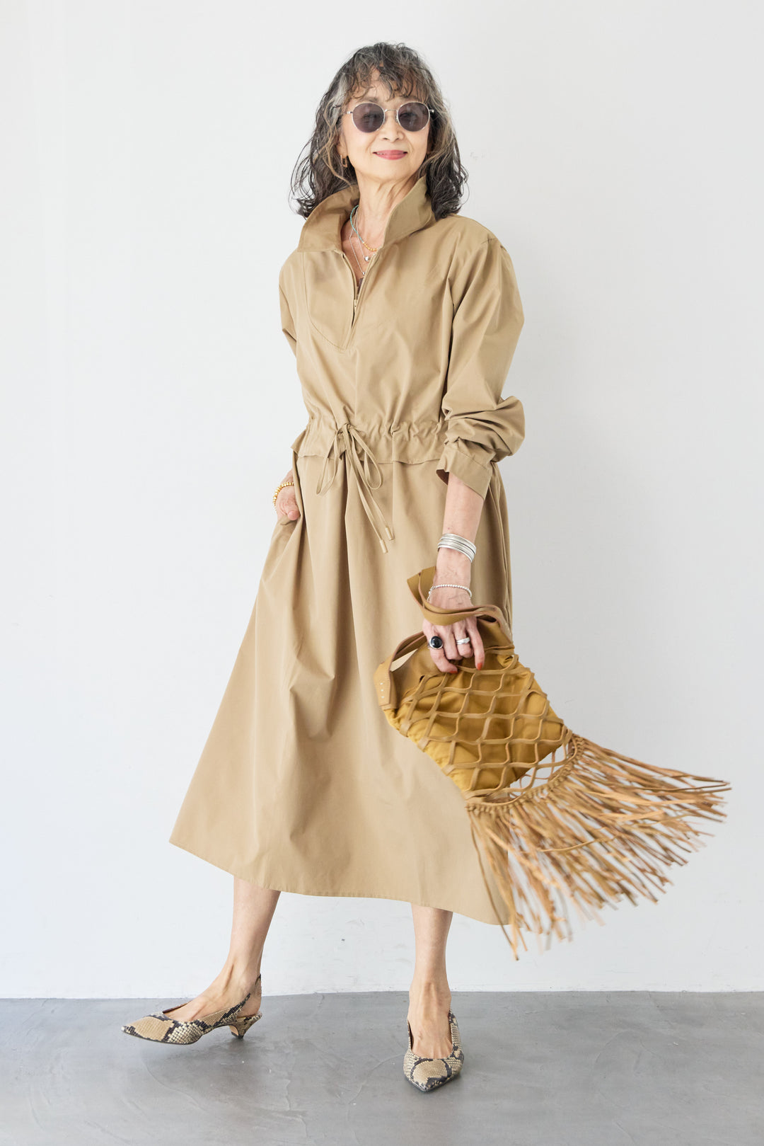 フロントジップシャツロングワンピース