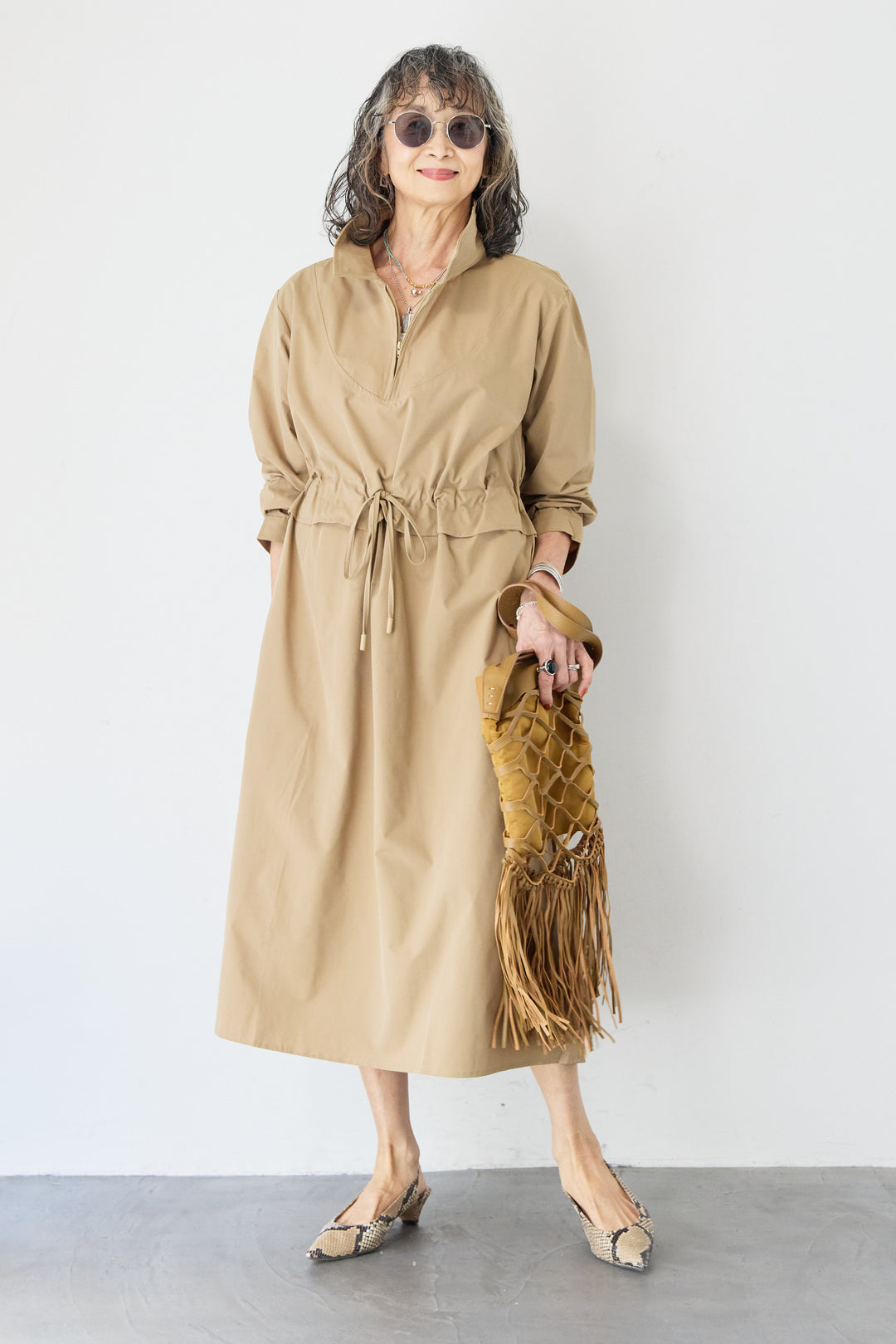 フロントジップシャツロングワンピース