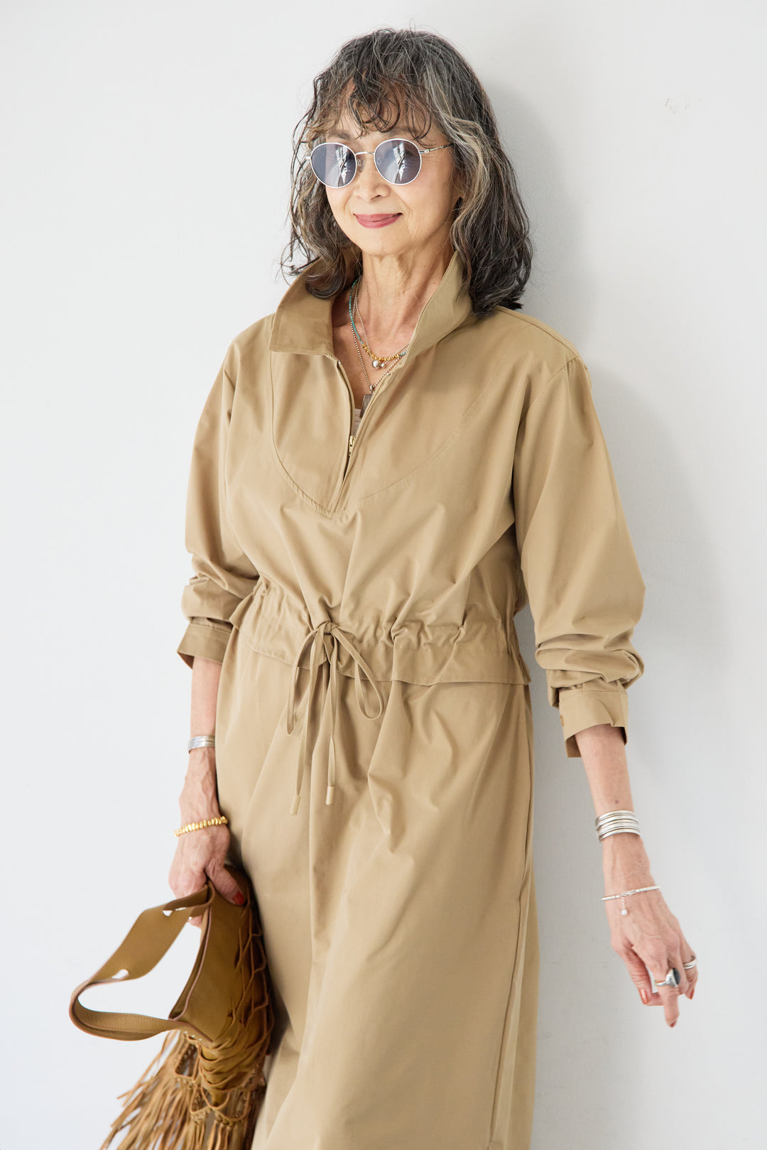 フロントジップシャツロングワンピース