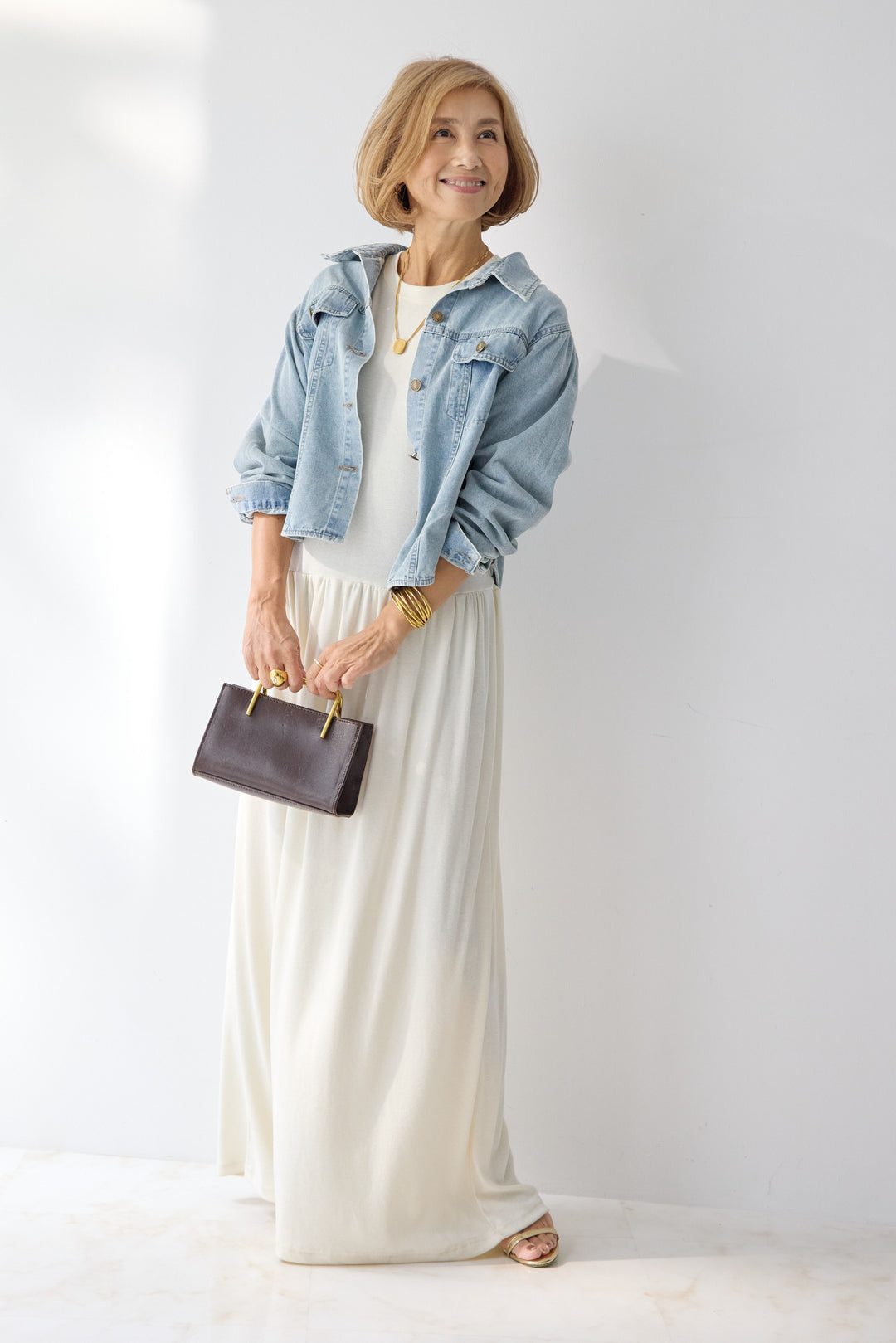 【2SET】ソフトデニムショートシャツ+ウエストギャザーカットワンピース