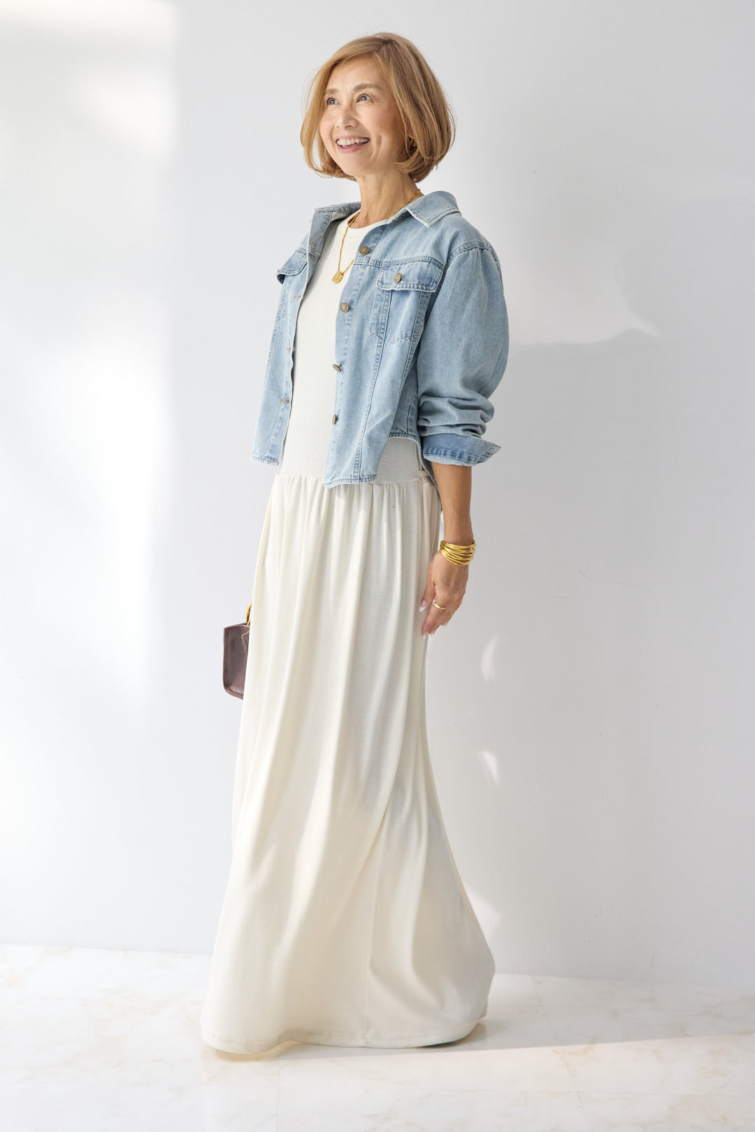 【2SET】ソフトデニムショートシャツ+ウエストギャザーカットワンピース