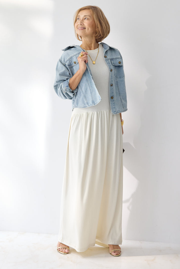 【2SET】ソフトデニムショートシャツ+ウエストギャザーカットワンピース