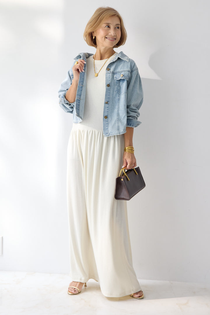 【2SET】ソフトデニムショートシャツ+ウエストギャザーカットワンピース