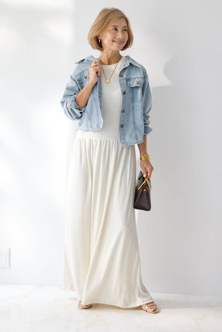 【2SET】ソフトデニムショートシャツ+ウエストギャザーカットワンピース