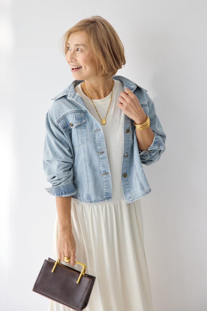 【2SET】ソフトデニムショートシャツ+ウエストギャザーカットワンピース