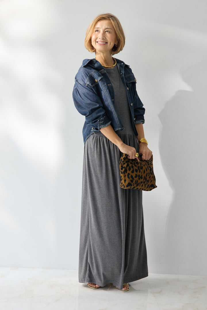 【2SET】ソフトデニムショートシャツ+ウエストギャザーカットワンピース