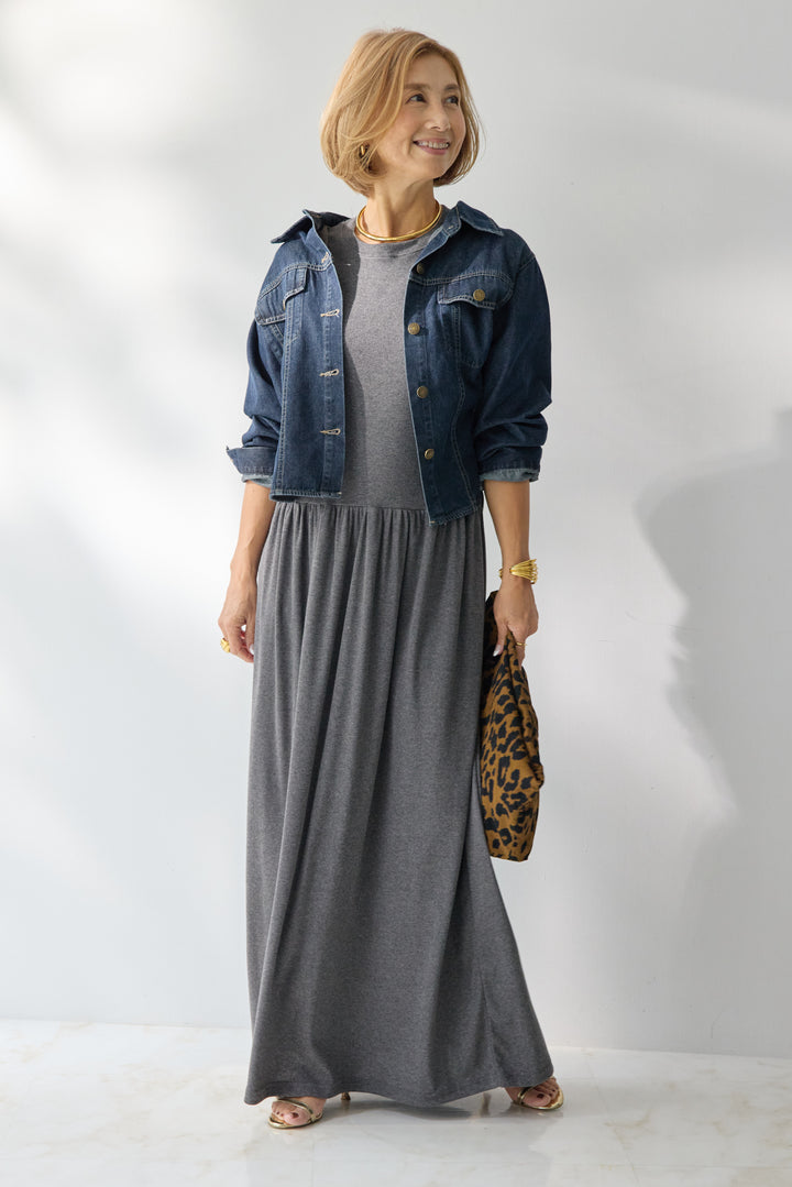 【2SET】ソフトデニムショートシャツ+ウエストギャザーカットワンピース