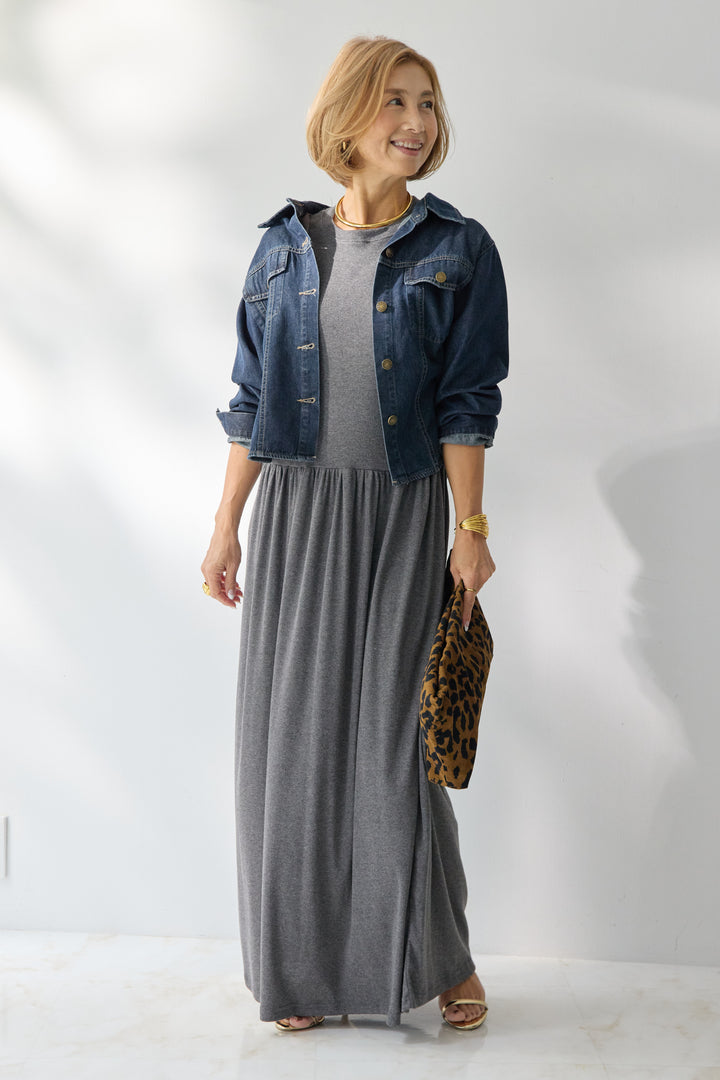 【2SET】ソフトデニムショートシャツ+ウエストギャザーカットワンピース