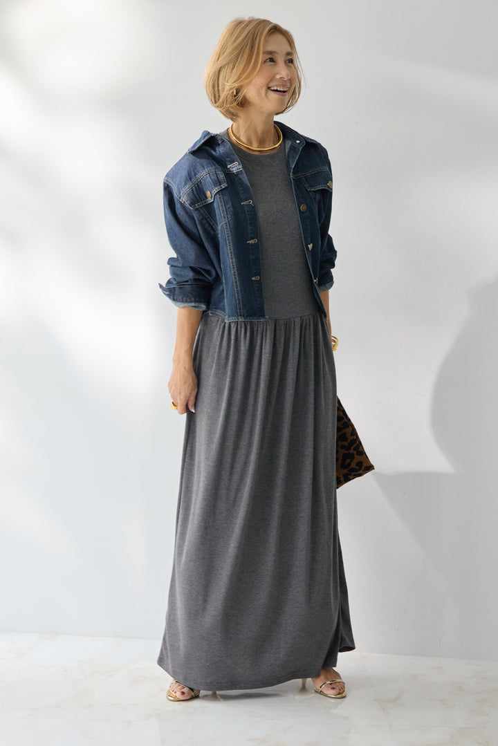 【2SET】ソフトデニムショートシャツ+ウエストギャザーカットワンピース