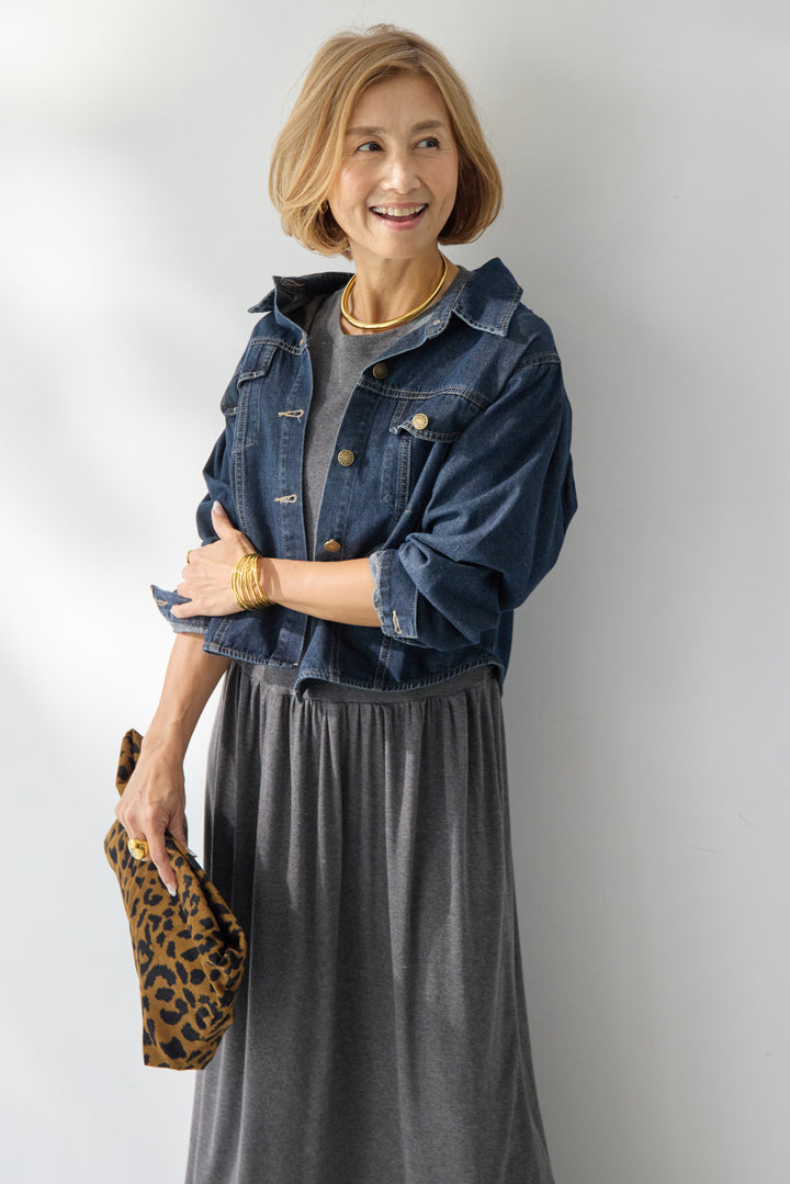 【2SET】ソフトデニムショートシャツ+ウエストギャザーカットワンピース