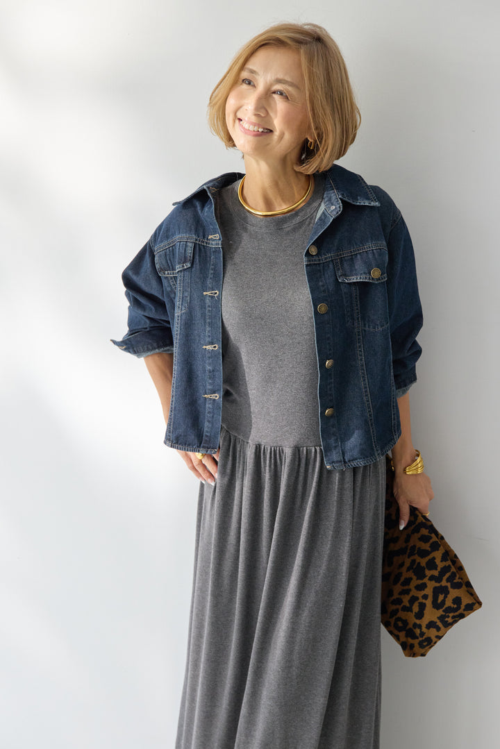 【2SET】ソフトデニムショートシャツ+ウエストギャザーカットワンピース