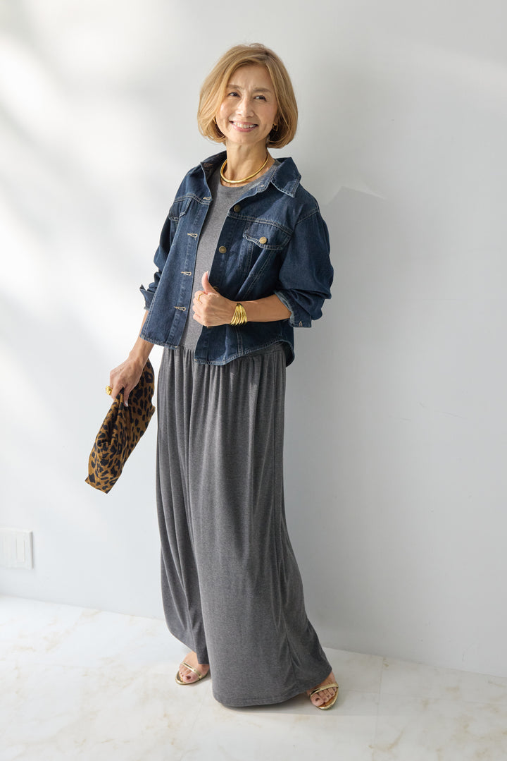 【2SET】ソフトデニムショートシャツ+ウエストギャザーカットワンピース