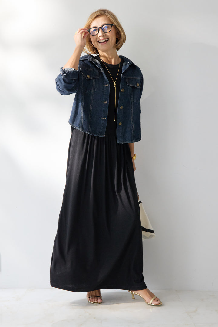 【2SET】ソフトデニムショートシャツ+ウエストギャザーカットワンピース