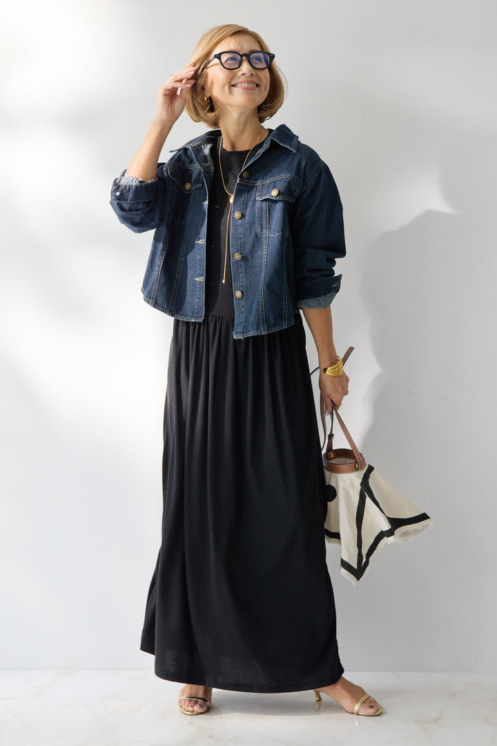 【2SET】ソフトデニムショートシャツ+ウエストギャザーカットワンピース