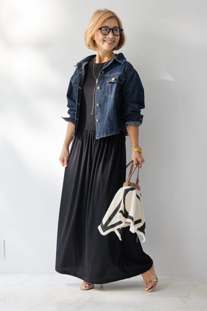 【2SET】ソフトデニムショートシャツ+ウエストギャザーカットワンピース