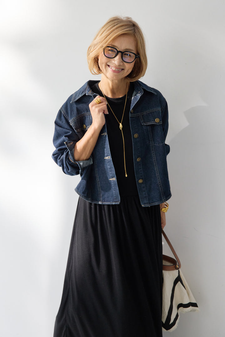 【2SET】ソフトデニムショートシャツ+ウエストギャザーカットワンピース