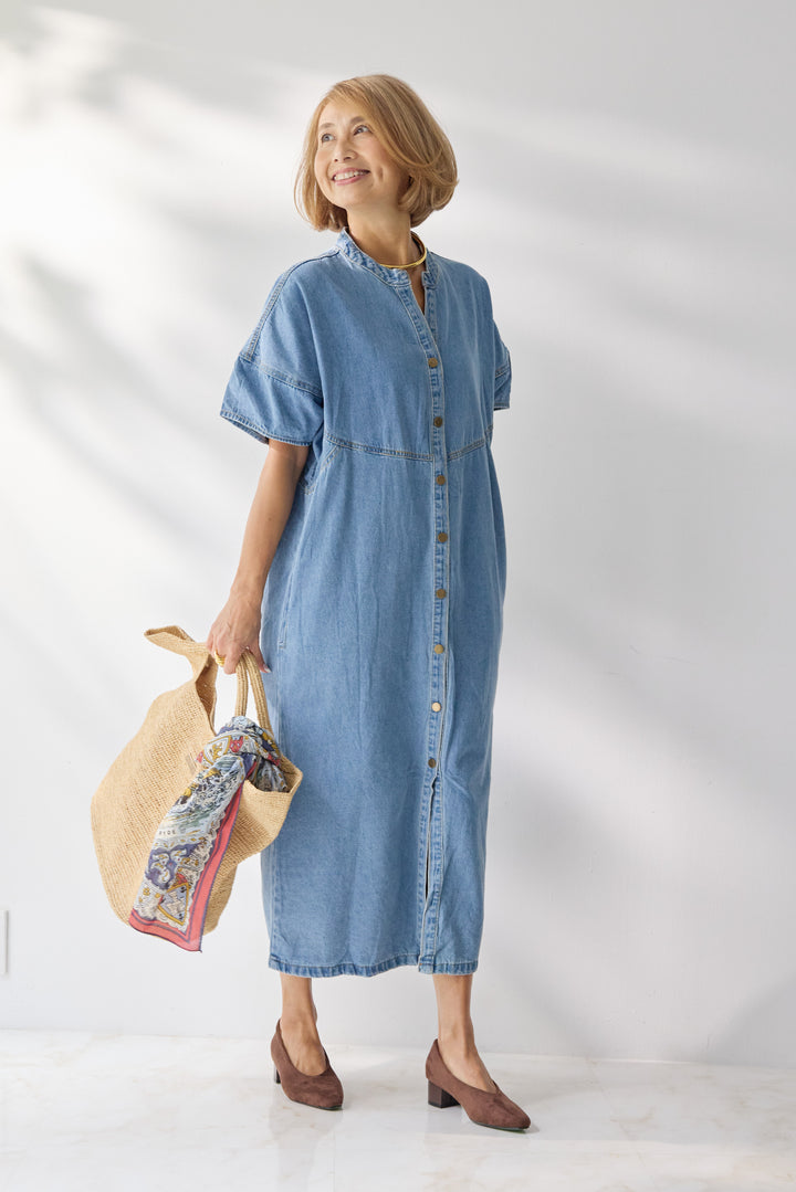 バンドカラーデニムシャツワンピース