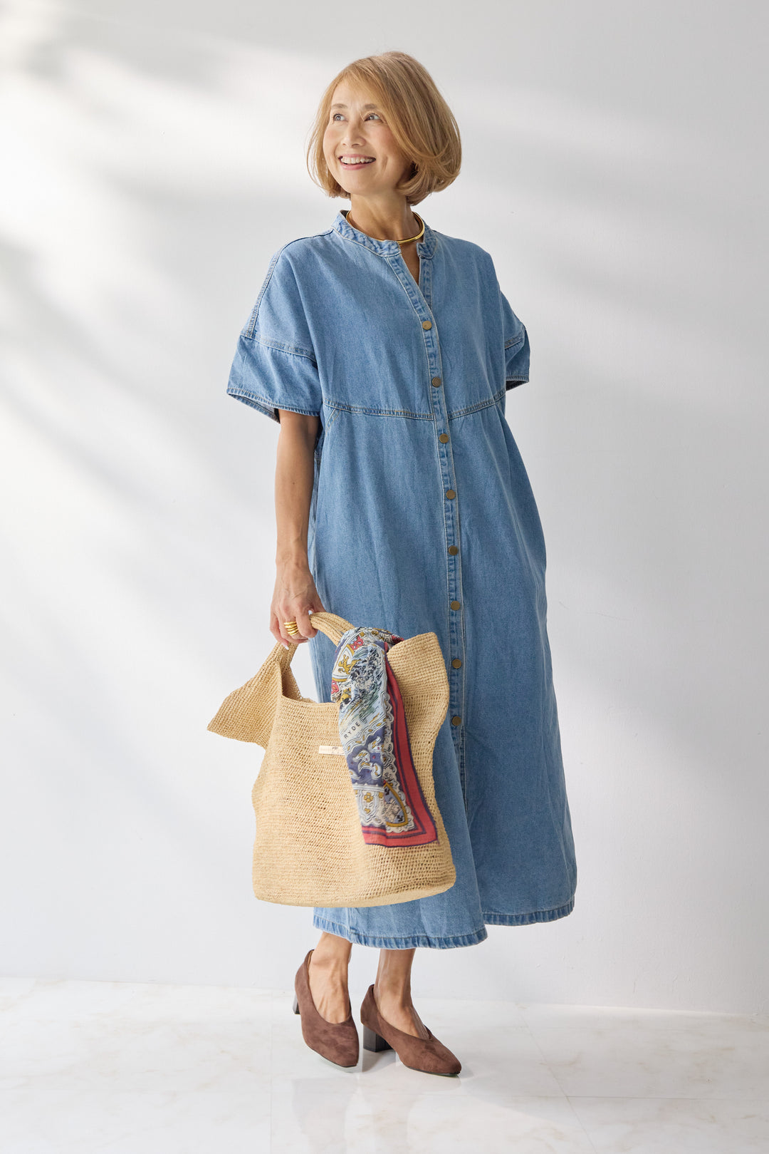 バンドカラーデニムシャツワンピース