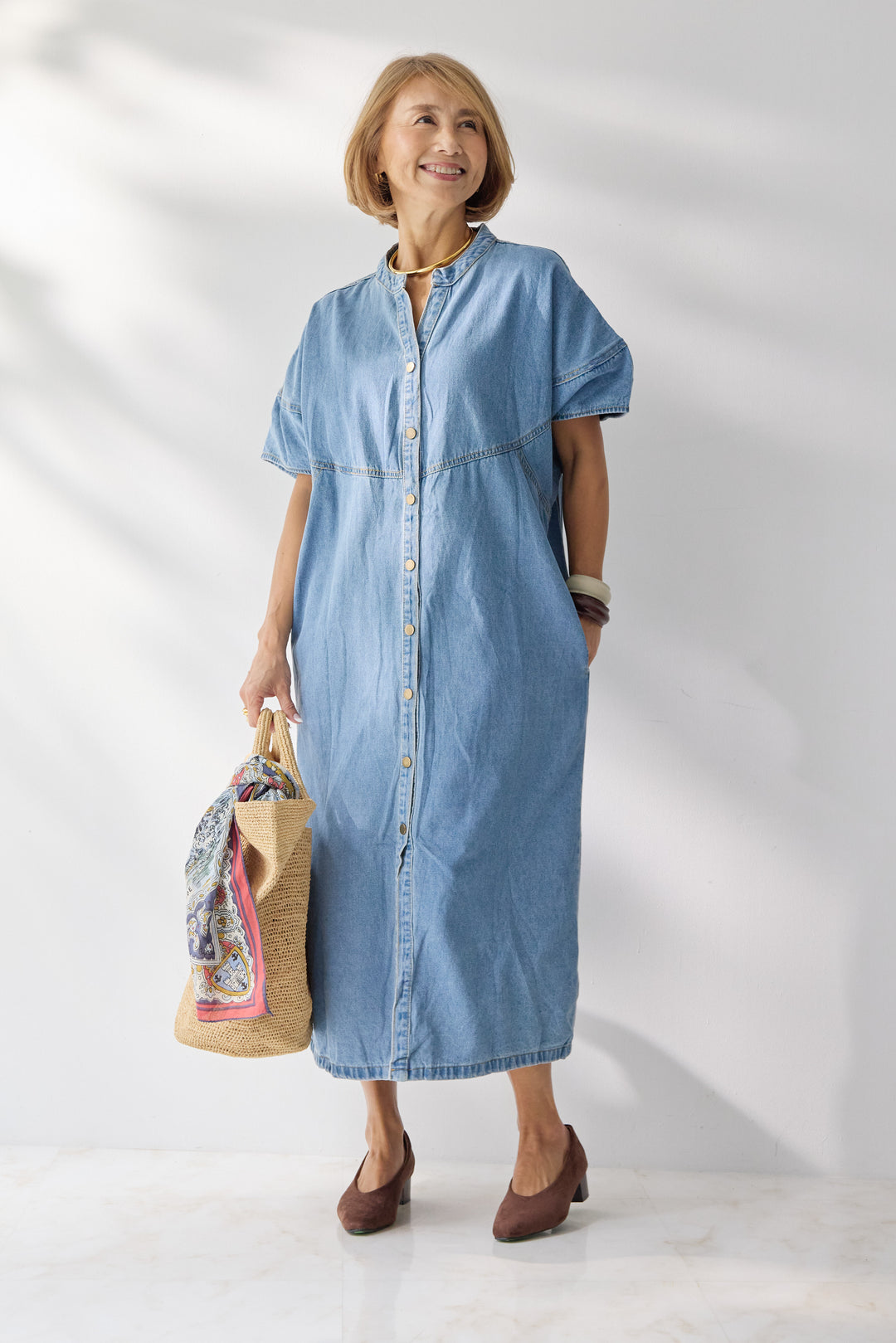 バンドカラーデニムシャツワンピース