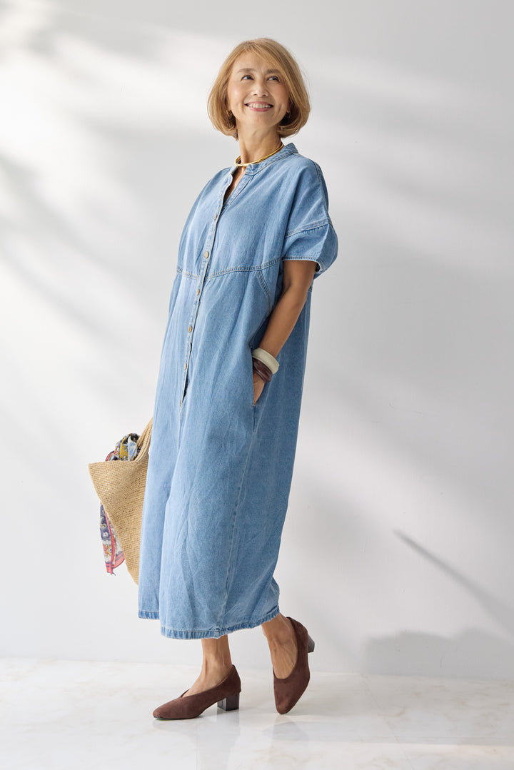バンドカラーデニムシャツワンピース