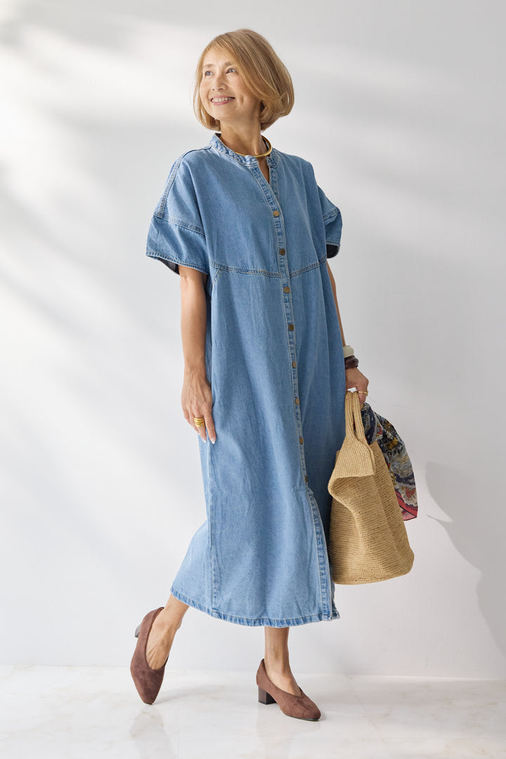 バンドカラーデニムシャツワンピース