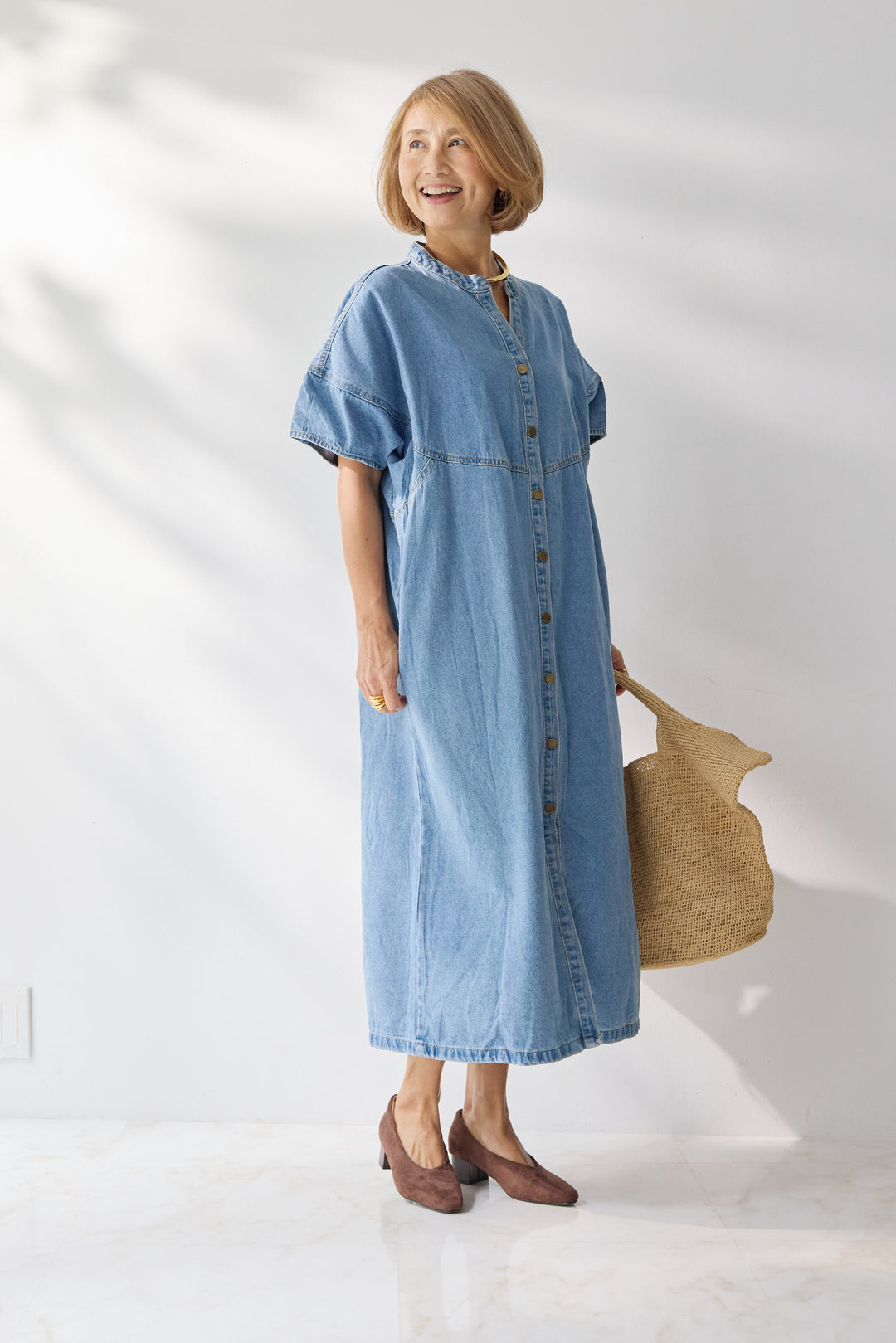 バンドカラーデニムシャツワンピース