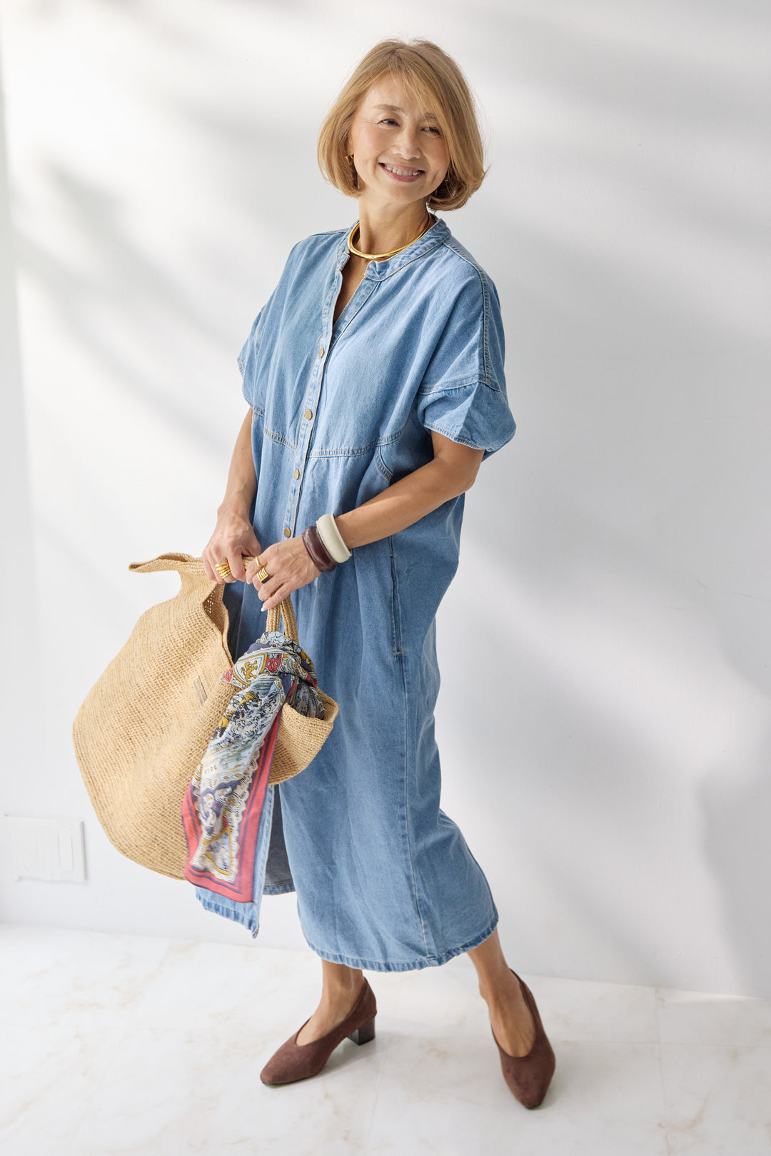 バンドカラーデニムシャツワンピース