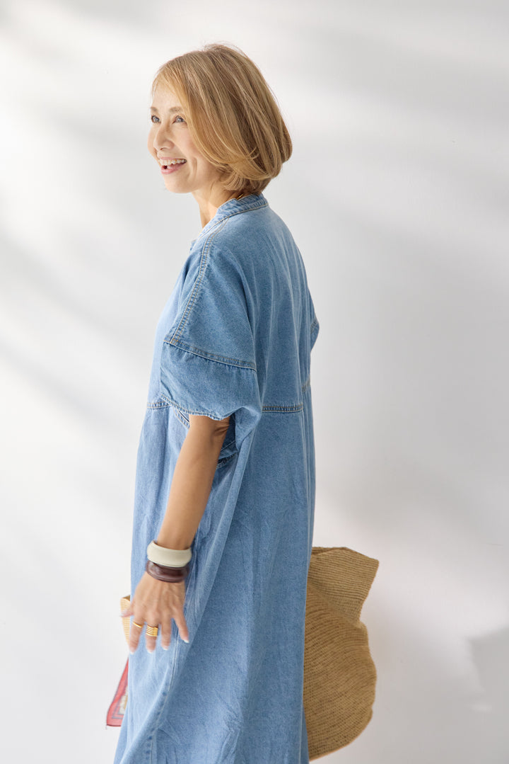 バンドカラーデニムシャツワンピース