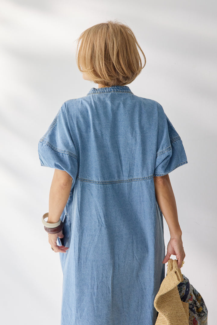 バンドカラーデニムシャツワンピース