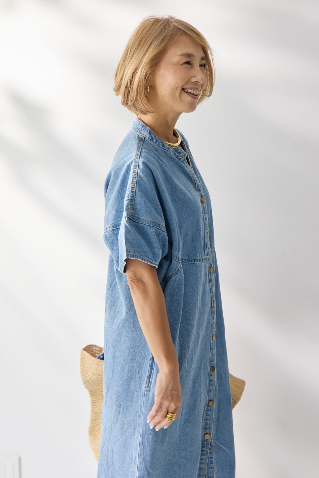 バンドカラーデニムシャツワンピース