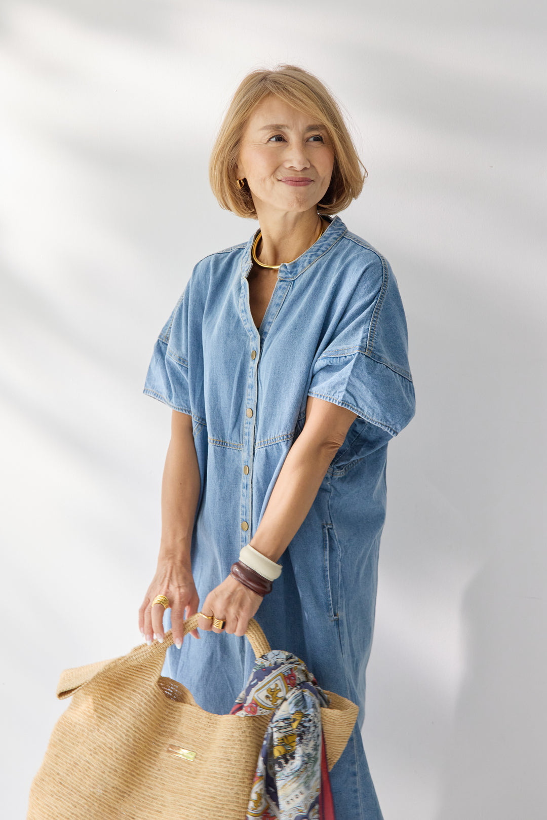 バンドカラーデニムシャツワンピース