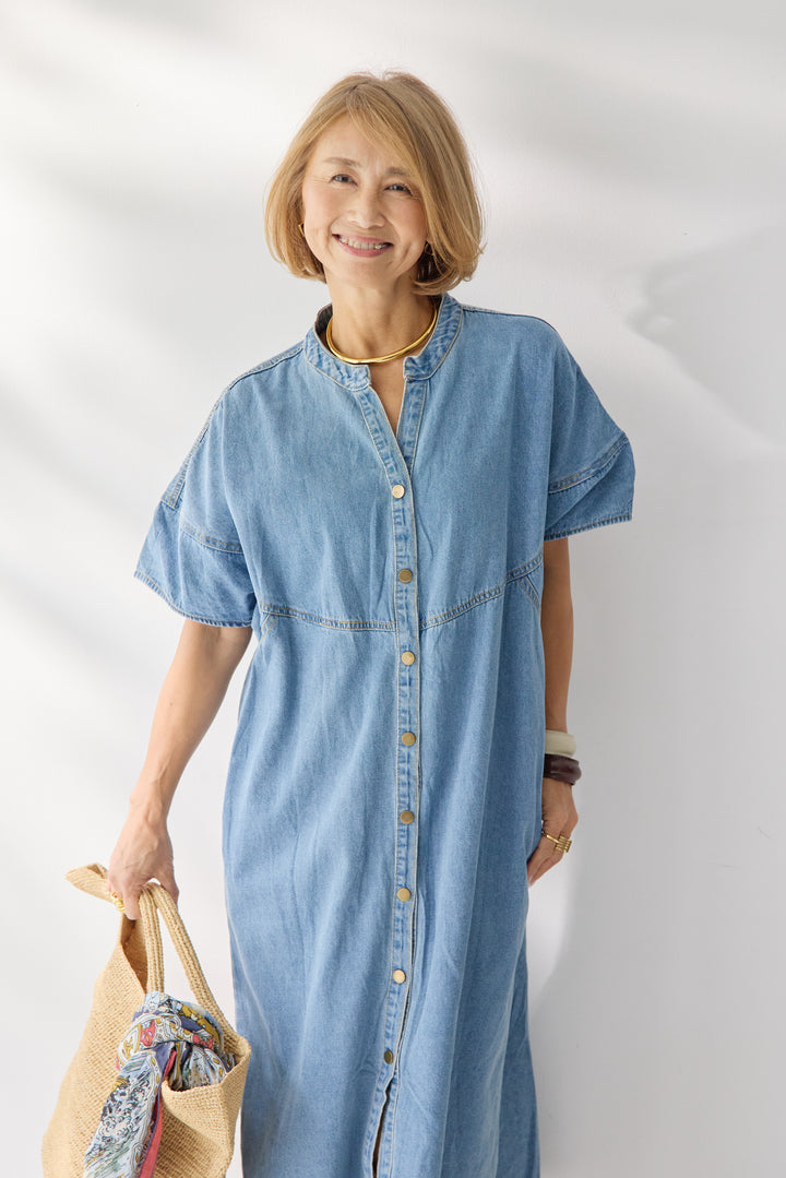 バンドカラーデニムシャツワンピース