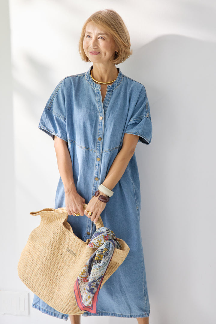 バンドカラーデニムシャツワンピース