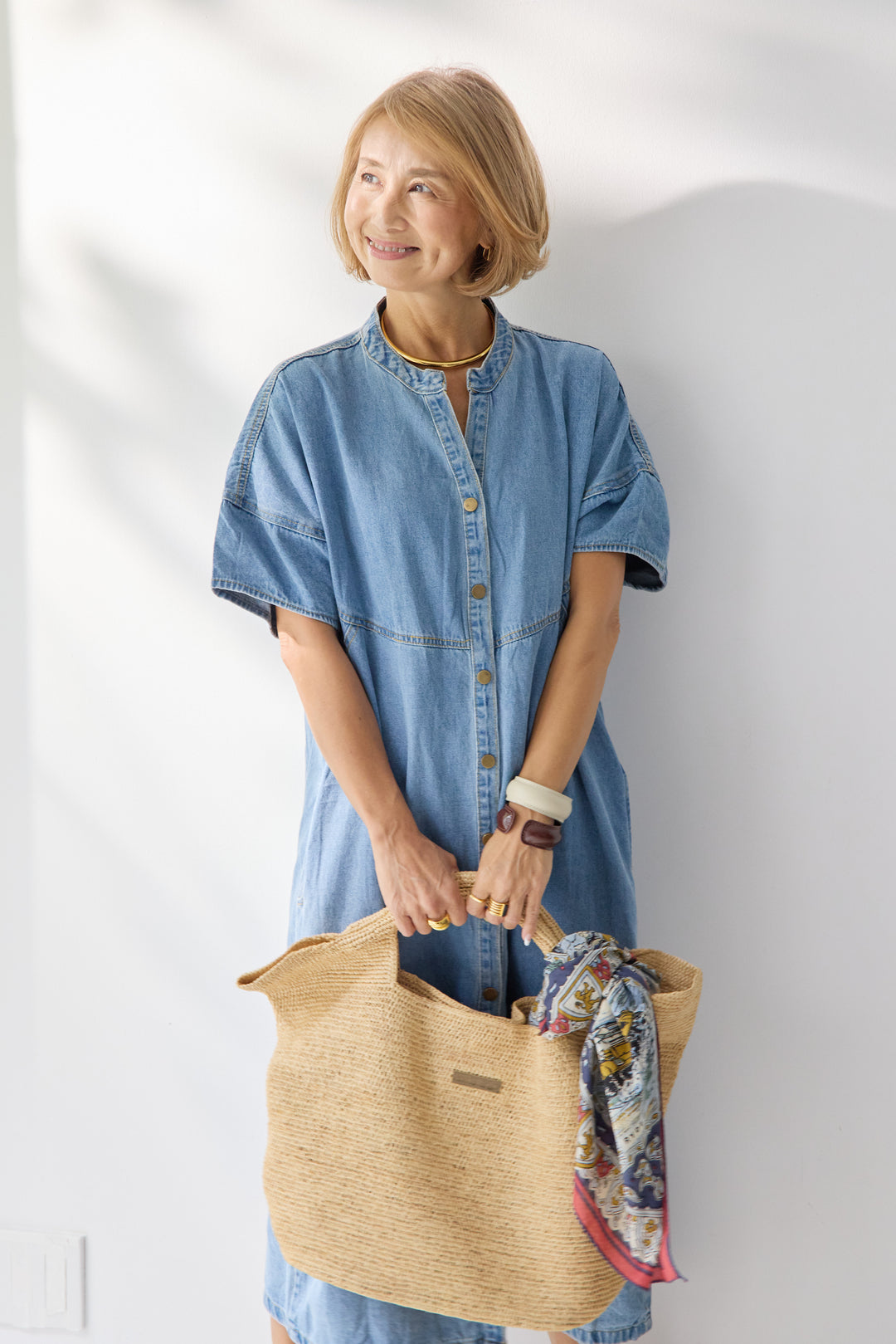 バンドカラーデニムシャツワンピース