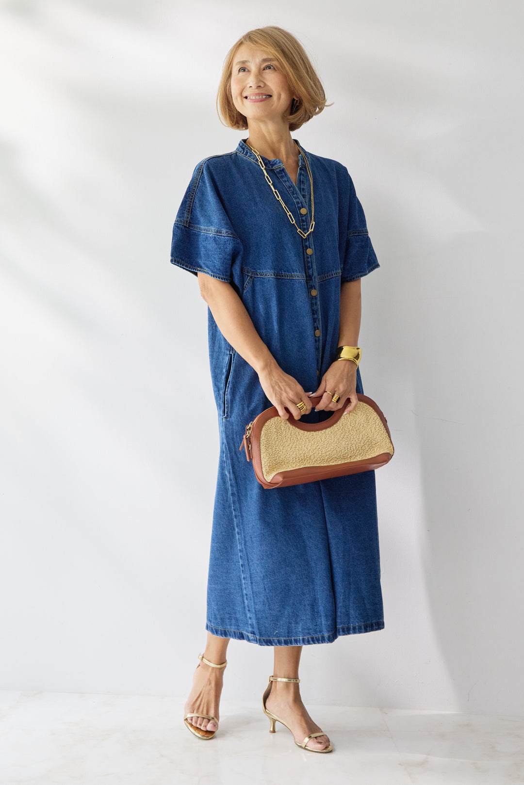 バンドカラーデニムシャツワンピース