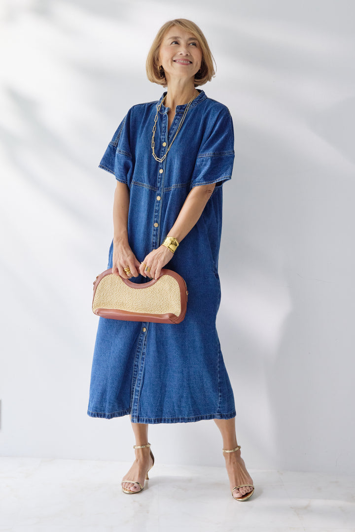 バンドカラーデニムシャツワンピース