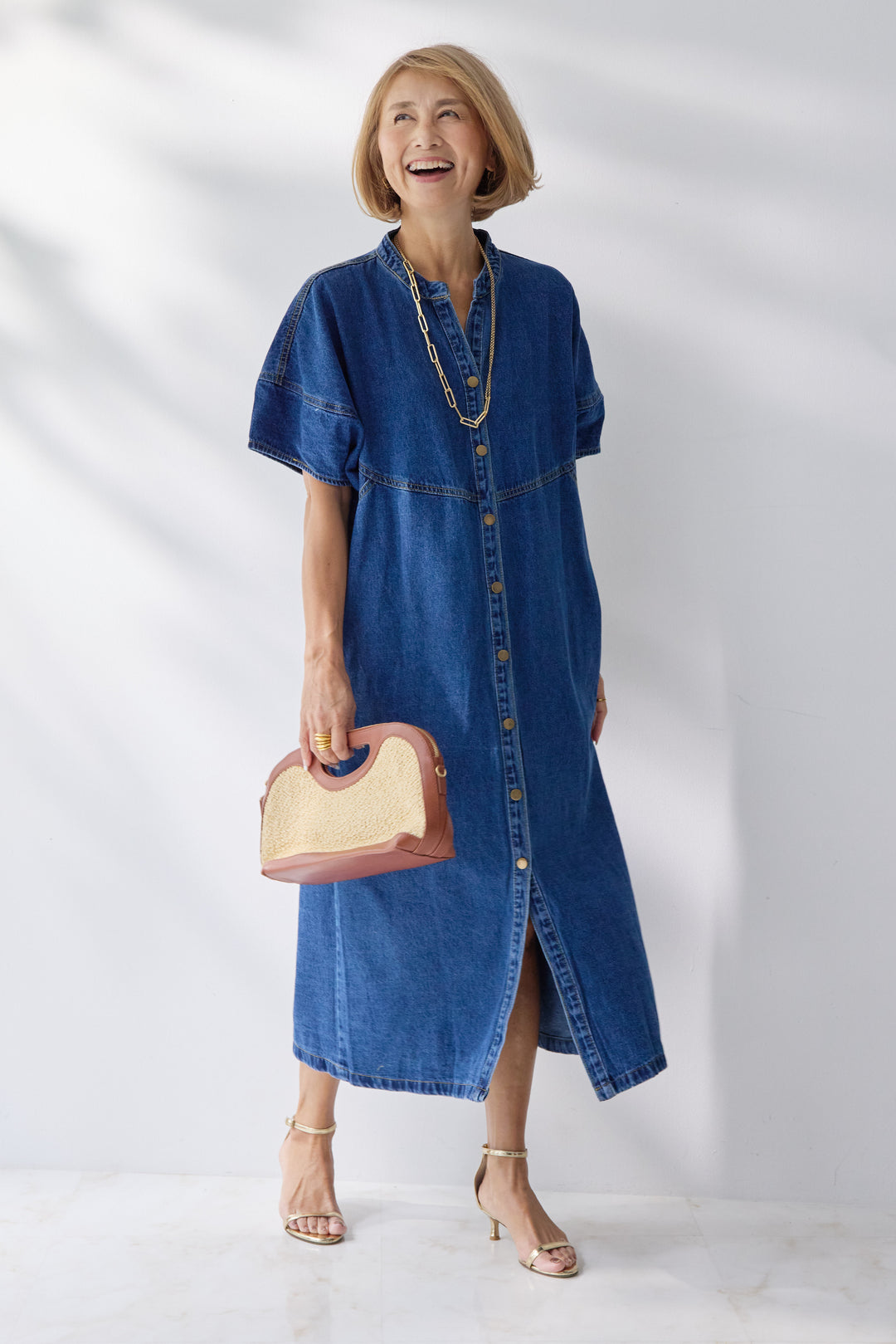 バンドカラーデニムシャツワンピース