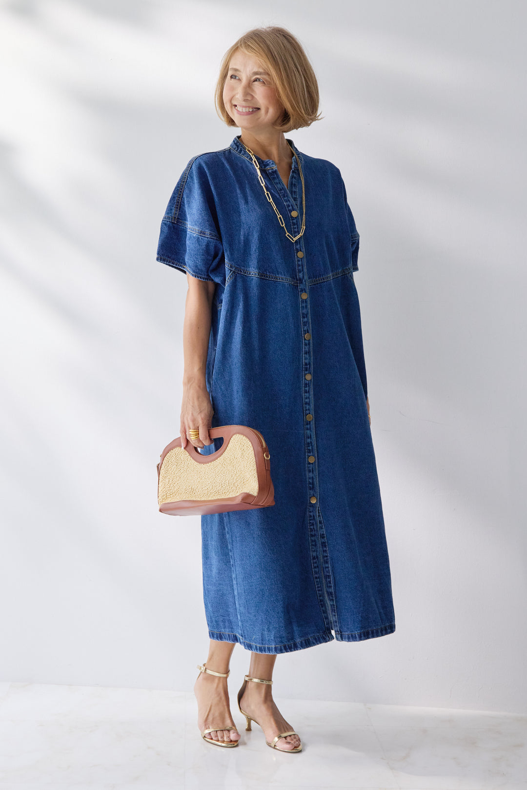 バンドカラーデニムシャツワンピース