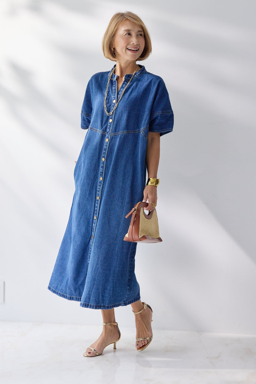 バンドカラーデニムシャツワンピース
